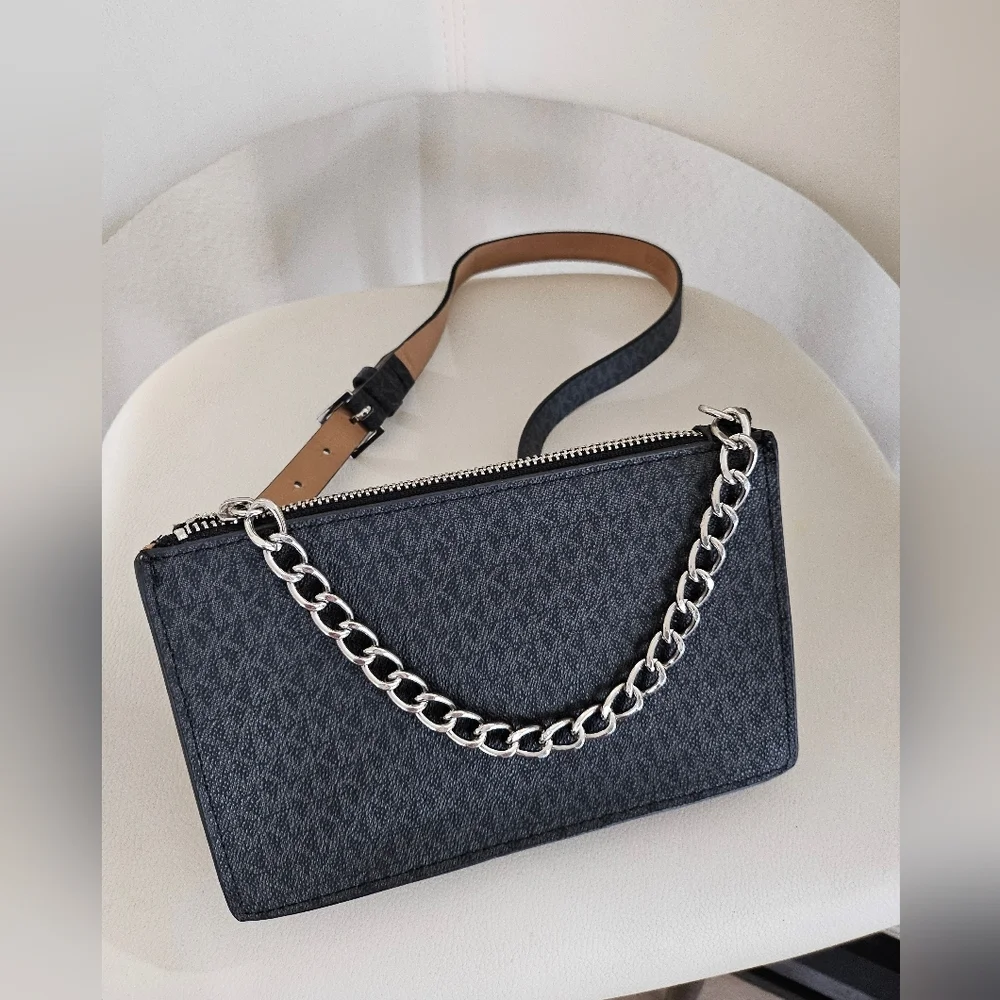 Michael Kors Black MK Logo Fanny Pack Belt Bag Chain Accent Zip Waist Crossbody.